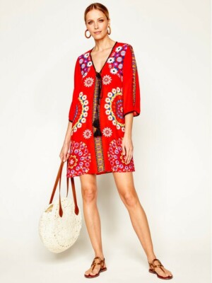 Desigual Dress Size S Red Geometric Mandala Pattern Shift Dress Tunic 20SWMW32 