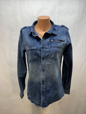 Rok Denim Shirt Womens medium Roll Tab Long Sleeve Button