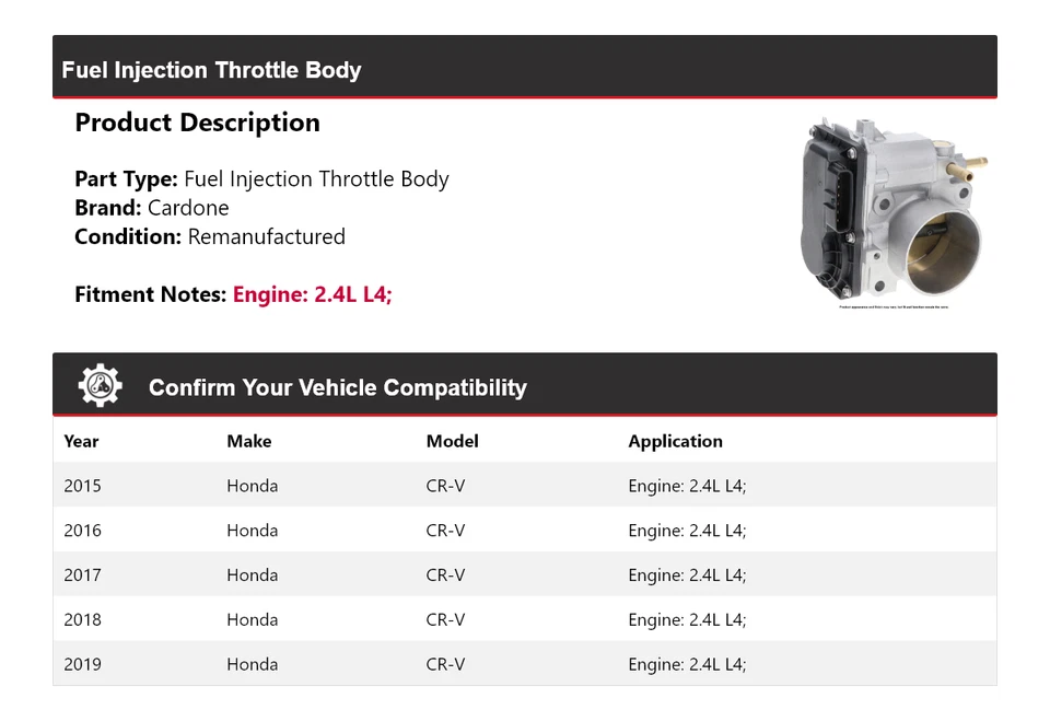 Carrocería de acelerador de inyección de combustible Cardone 2016 2017 para Honda CR-V 2015-2019 2,4 L L4 Foto 2 de 4
