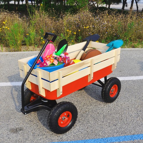 outdoor sport wagon tools cart wooden side panels air tires Wagon (red) - Picture 6 of 20