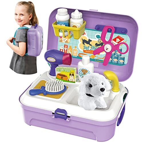 Kids Vet Kit Dog Grooming Toy Pet Care Role Play Games Animal Dolls