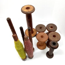 11 Vintage Wooden Textile Yarn & Silk Spools 10" to 3 3/4" Industrial