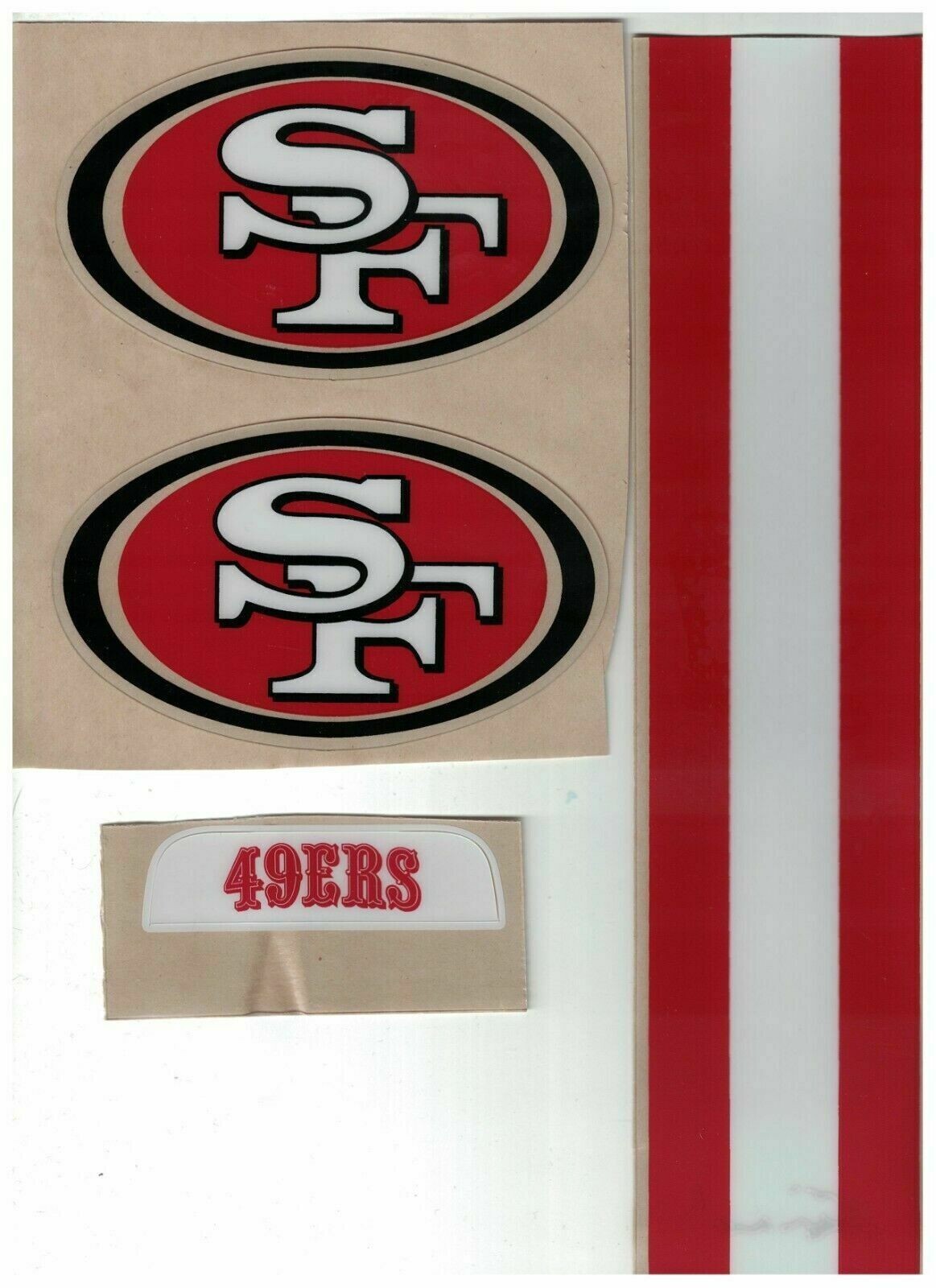 SAN FRANCISCO 49ERS FULL SIZE FOOTBALL HELMET DECALS WITH STRIPE & BUMPER