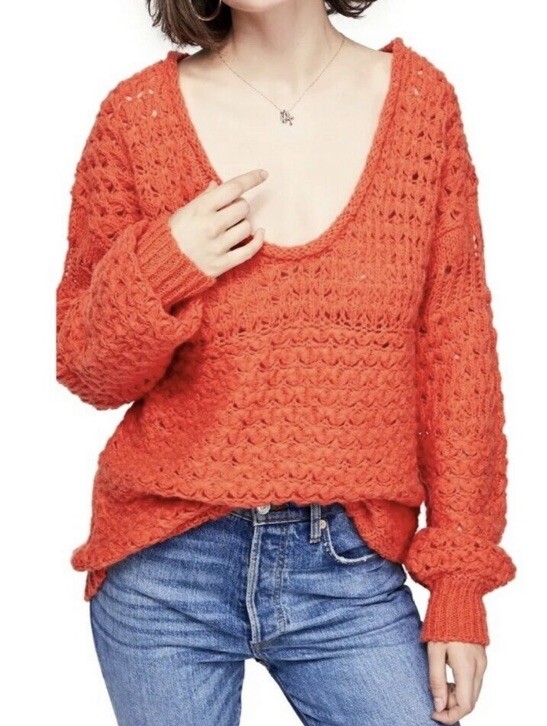 Free People Orange Wool Blend Knit Pullover Sweater Round Neck Womens Small