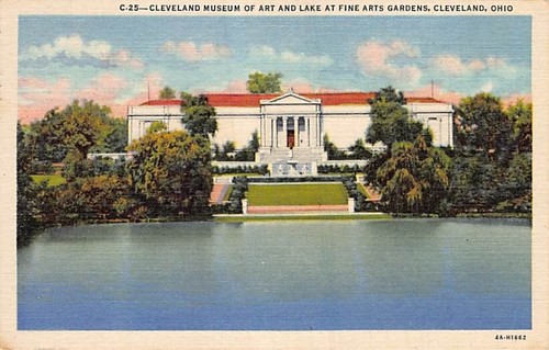 Postcard OH: Cleveland Museum of Art and Lake @ Fine Arts Gardens, Ohio Linen - Picture 1 of 2