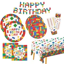 Building Block Party Supplies Paper Plates Napkins Cups Tablecloth Banner For...