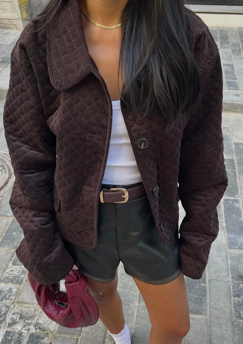 Zara Short Quilted Corduroy Jacket Dark Brown Chocolate XS