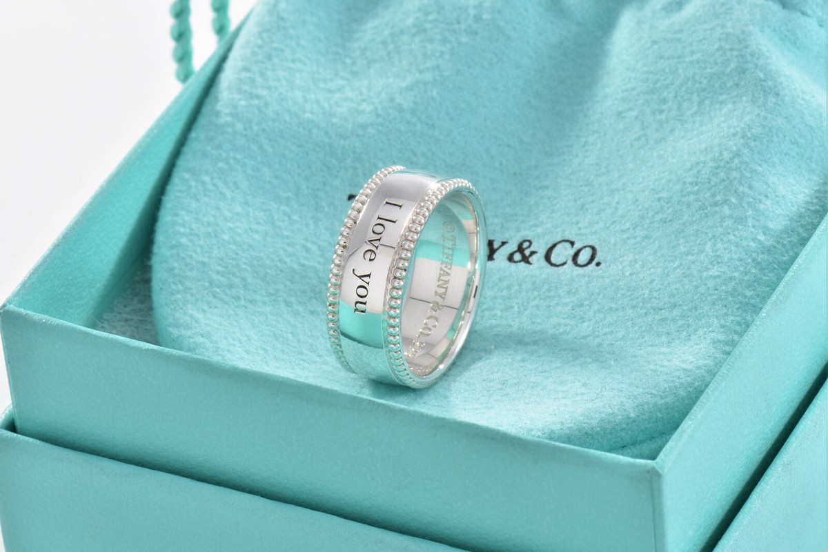 Tiffany & Co Sterling Silver I Love You Bead Edge Ring Size