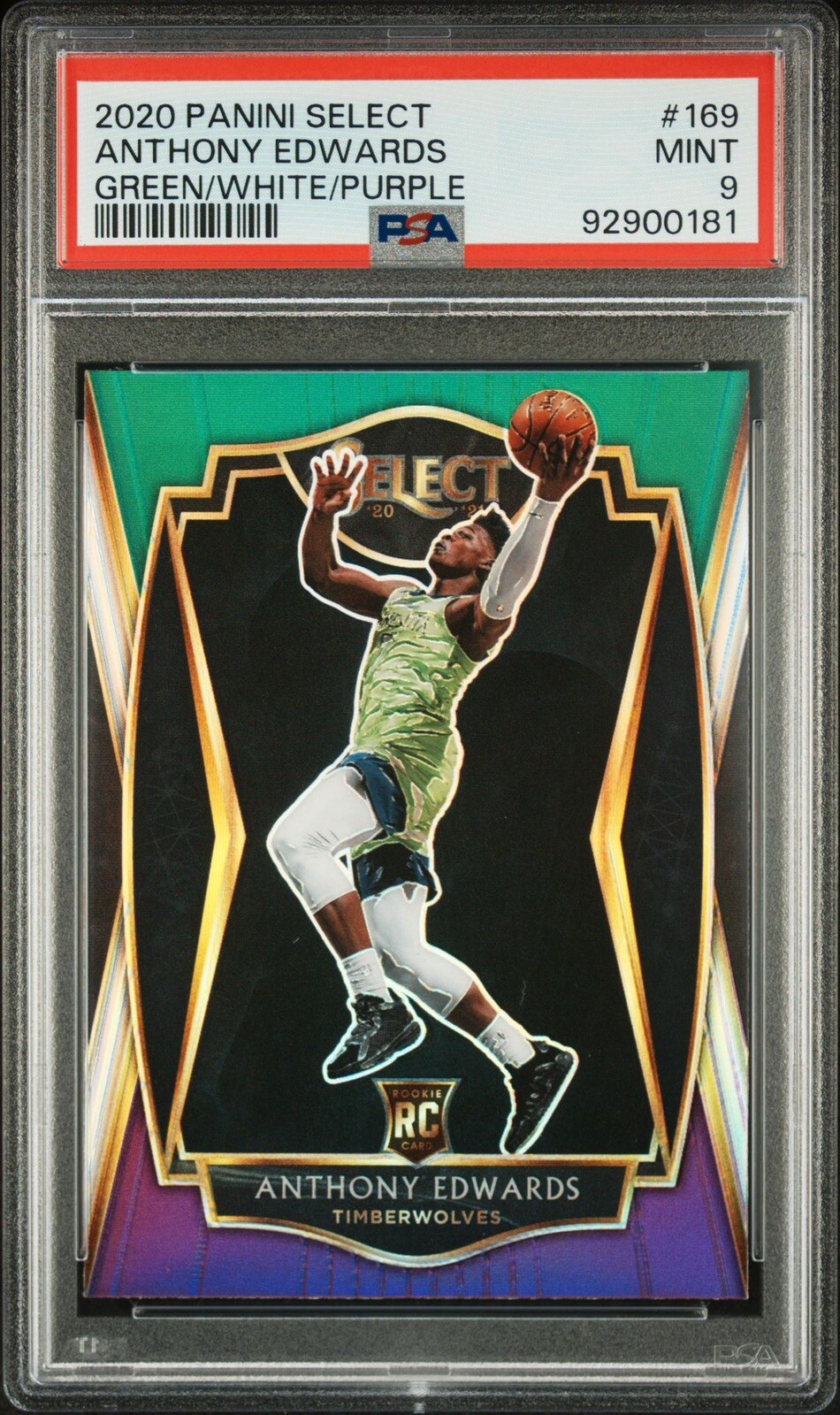 2020-21 Panini Select #169 Anthony Edwards Green White Purple Prizm Rookie PSA 9