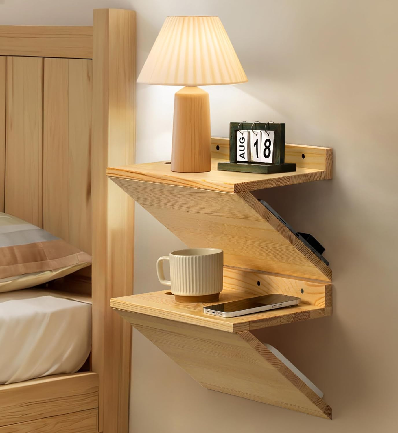 Floating Nightstand, Walnut Wood Floating Bedside Table Z-Shape Wall Mounted Nig