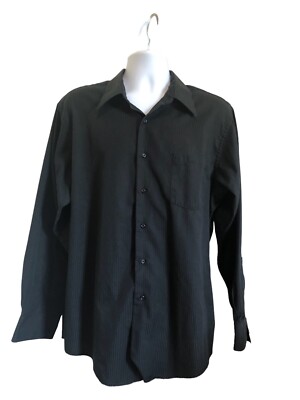 Van Heusen Men's Button-Down Dress Shirt XL Black Fitted Satin Stripe Club  Wear | eBay