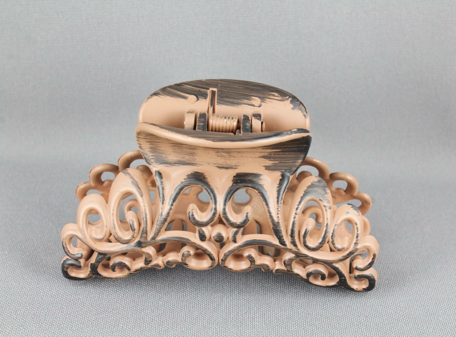 Brown hair clip 3 5/8" long big barrette claw jaw clamp scroll cut out WoodGrain