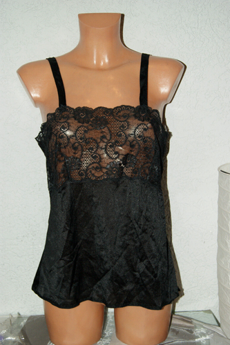 Satin Glanz Nylon Negligee - Hemdchen * Top schwarz Spitzenpasse seidenweich 42 - Bild 4 von 4