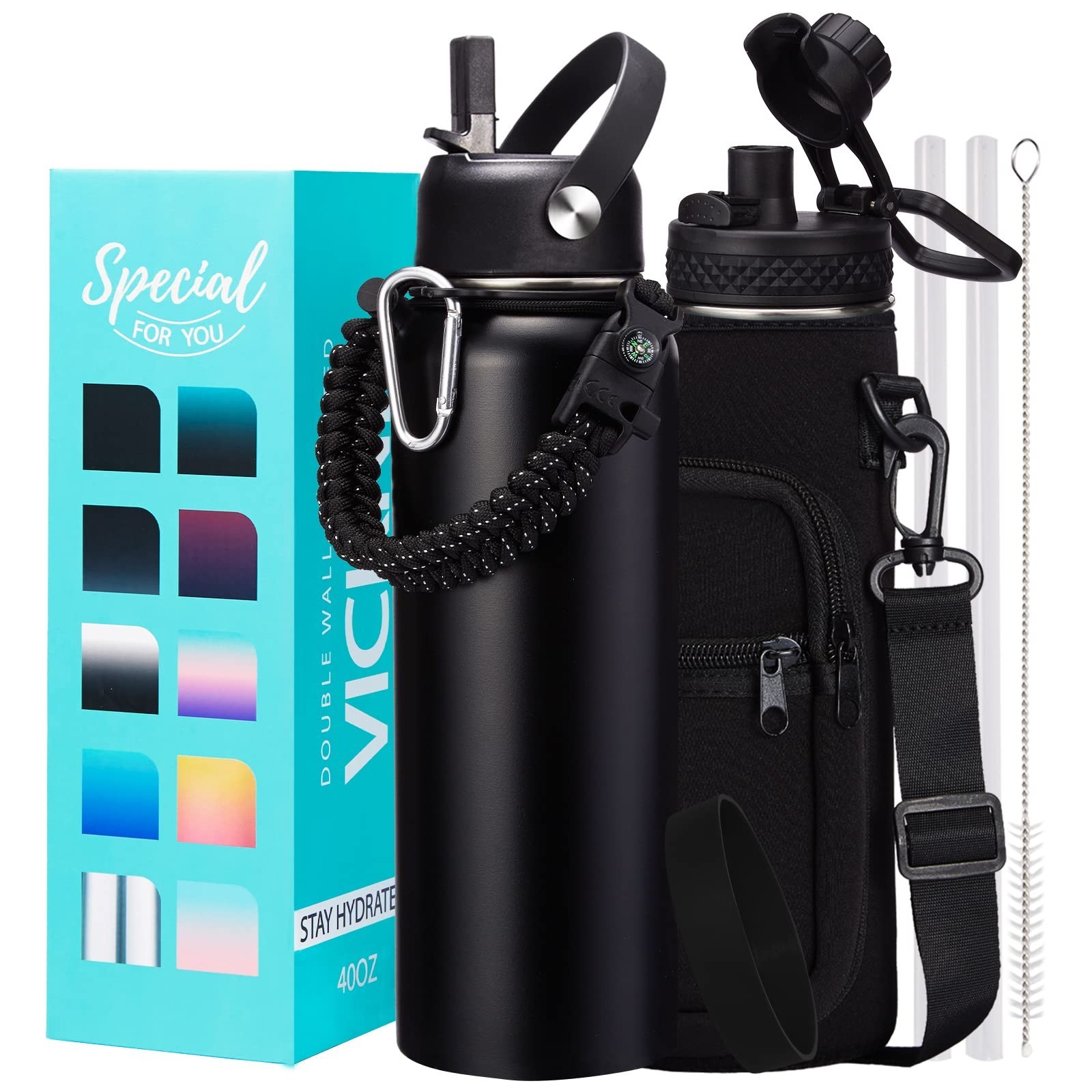 Water Bottle with Straw - 40 oz Stainless Steel Water Bottle