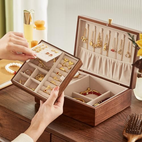 Black Walnut Wooden Jewelry Box for Women 2 Layer Jewelry Organizer with - Picture 5 of 7