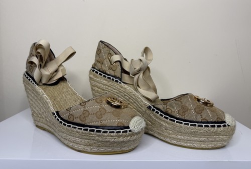 Gucci Women's Logo Espadrille Wedge Sandals Beige Gold Canvas Ribbon Tie Size 9