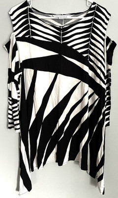 Caroline Rose Shirt Womens L Oversize Blk/Wht Abstract Stripe Cold Shoulder USA
