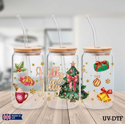 Holly Jolly Weihnachten UV DTF Aufkleber - 16oz Libbey Dose Glasfolie yn635