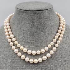 Pearl Necklace Double Two Strand Cream Vtg Sterling Box Clasp Hand Knotted 18"