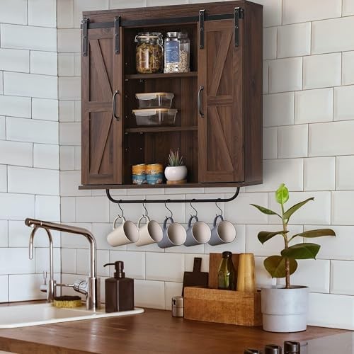 Rustic Wood Wall Storage Cabinet with Two Sliding Barn Door, 3 Dark Walnut - Picture 3 of 8