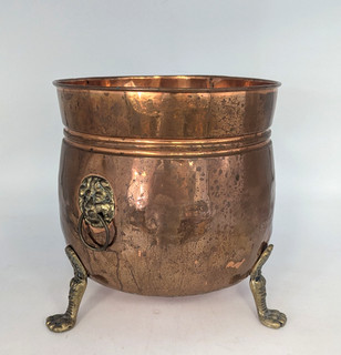 Antique Copper Cauldron Planter Log Coal Bucket Lion Paw Feet 9" H8 Y609