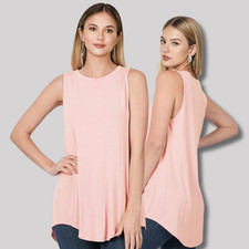 Women's Round Crew Neck Sleeveless Long Tank Top Round Hem Luxe Rayon Tunic