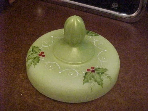 Hand Painted Christmas HOLLY BERRIES Fenton Chessie Cat Candy Jar LID ONLY