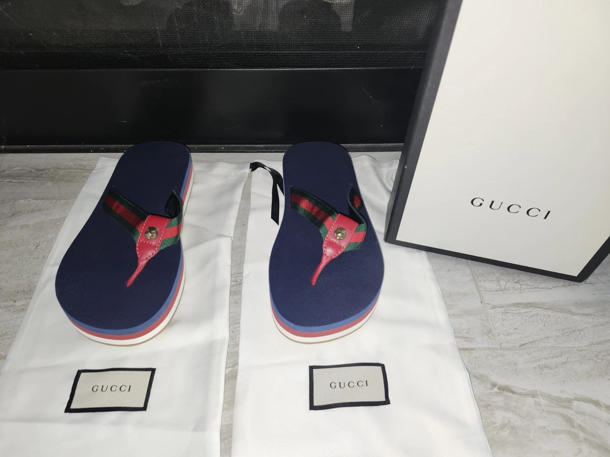 Gucci Men\'s Black Leather Flip-Flop Sandals with Navy & Red Webbing Size 43 Gucci Men main image 3