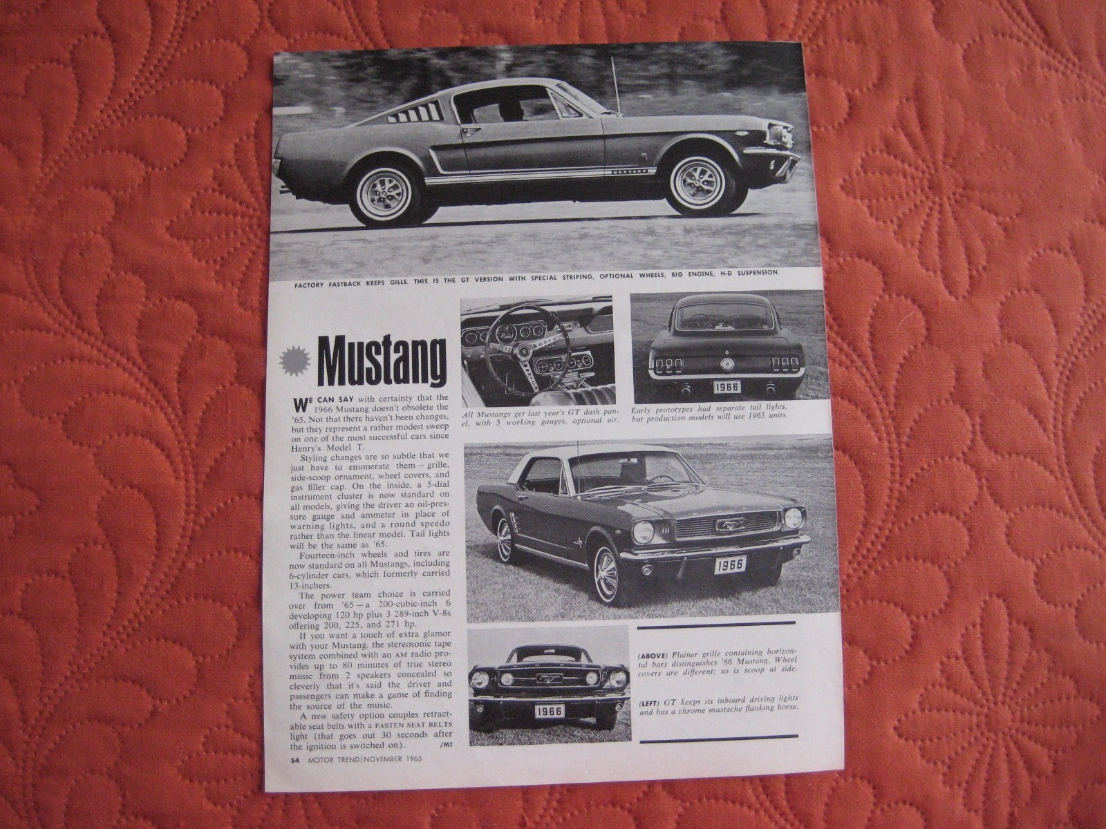 1966  FORD MUSTANG  GT COUPE - ORIGINAL PRINT CAR AD - VERY GOOD  CONDITION