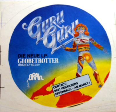 Werbe-Aufkleber Guru Guru Neue LP Globetrotter 1977 Band Krautrock Heidelberg