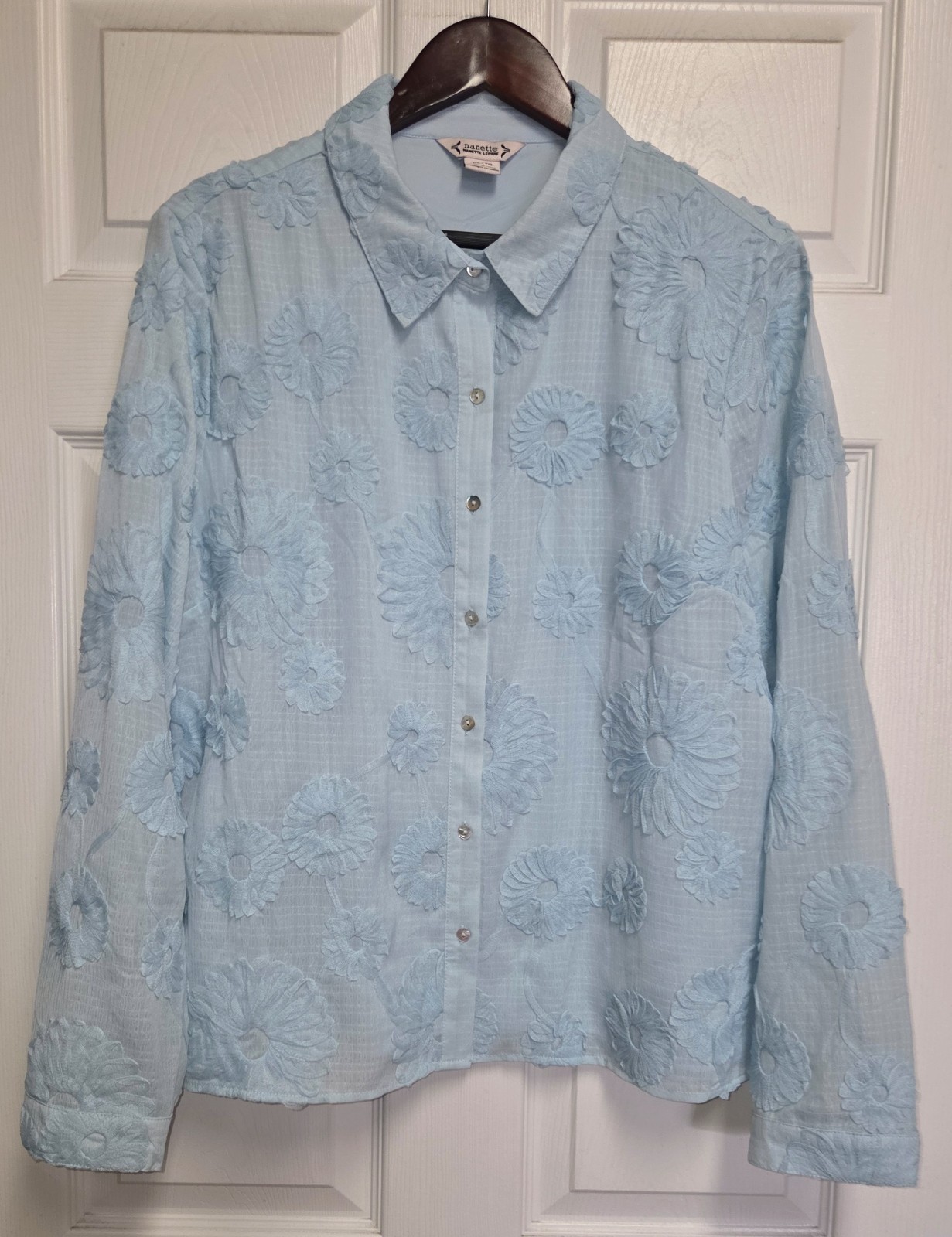 Blue NANETTE LEPORE Gauzy Floral Ribbon Appliqué Button Front Collared ...