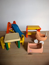 Vintage 1980s Vintage  Dollhouse Furniture Slide Table 2 Chairs Pram Cot Bench