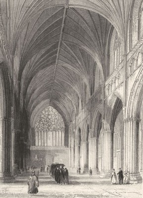 DEVON. Kathedrale von Exeter, das Kirchenschiff mit Blick nach Westen um 1842 altes antikes Druckbild