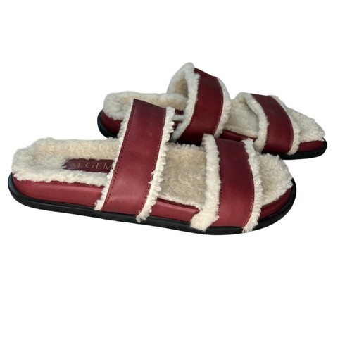 M Gemi Aida Bordeaux Red Leather Shearling Lined Two Strap Slip On Sandals 6.5 - Picture 2 of 7