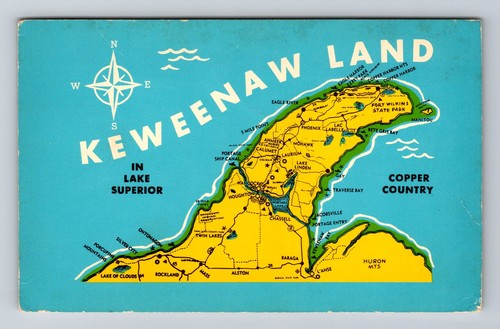Keweenaw Land MI-Michigan Map Of Area Vintage c1965 Postcard Standard Postal PC