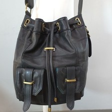 OLLIE & NIC Black Leather Bucket Bag  Slouchy Crossbody Bag Drawstring Safari