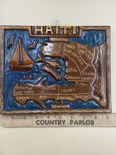 Vintage Haiti Wood Souvenir Hand Carved Map Plaque Haiti Locations Sailboat ￼ - Picture 6 of 10