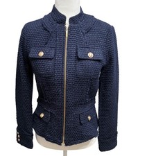 NWT INC International Concepts Navy Tweed Blazer Gold Buttons Zip Front Petite S