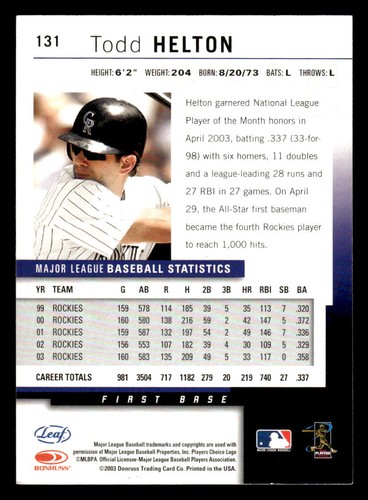 2004 Leaf #131 Todd Helton ROCKIES - Picture 2 of 2