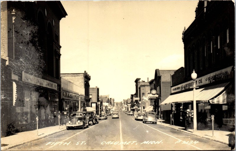 Vintage RPPC Postcard Main 5th Street View Calumet Michigan MI Old Cars Stores