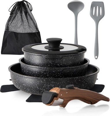 Removable Handle Pots and Pans, 10 Piece Black Granite Induction Cookware Sets