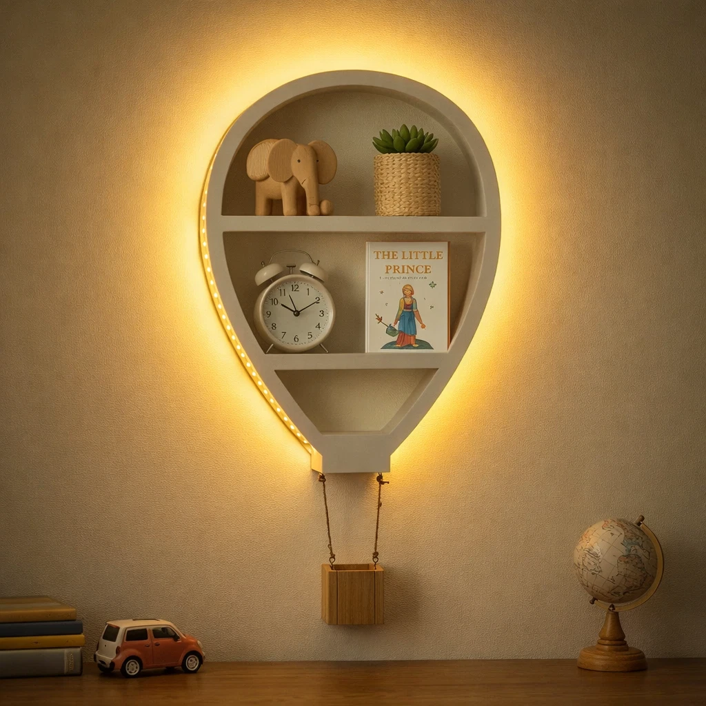 80cm LED Hot Air Balloon Nursery Wall Shelf Kids Floating Toy Book Display
