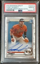2020 1ST BOWMAN DRAFT CHROME CASEY SCHMITT ROOKIE RC AUTO CDACS PSA 10 GEM MINT