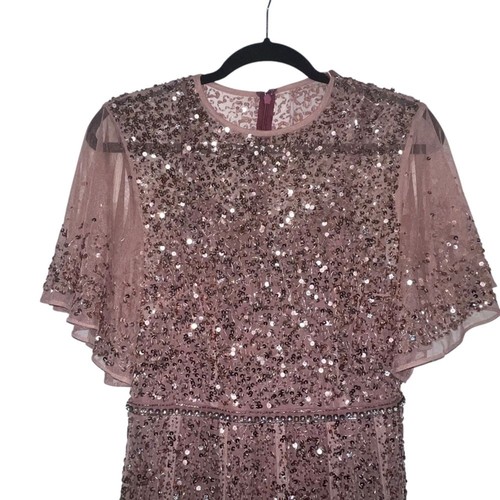 Nuevo con etiquetas Vestido Mac Duggal Manga Capa Cuentas Hasta el Té Cintura Caída Palo de Rosa TALLA 6 - Imagen 4 de 14