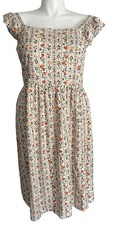 Ann Taylor Factory Cream Stripped Floral Smocked Cotton Lined Dress Size XL