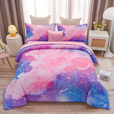 Galaxy Space Comforter Set 3D Printed Glitter Pink for Kids Teens 6Pcs