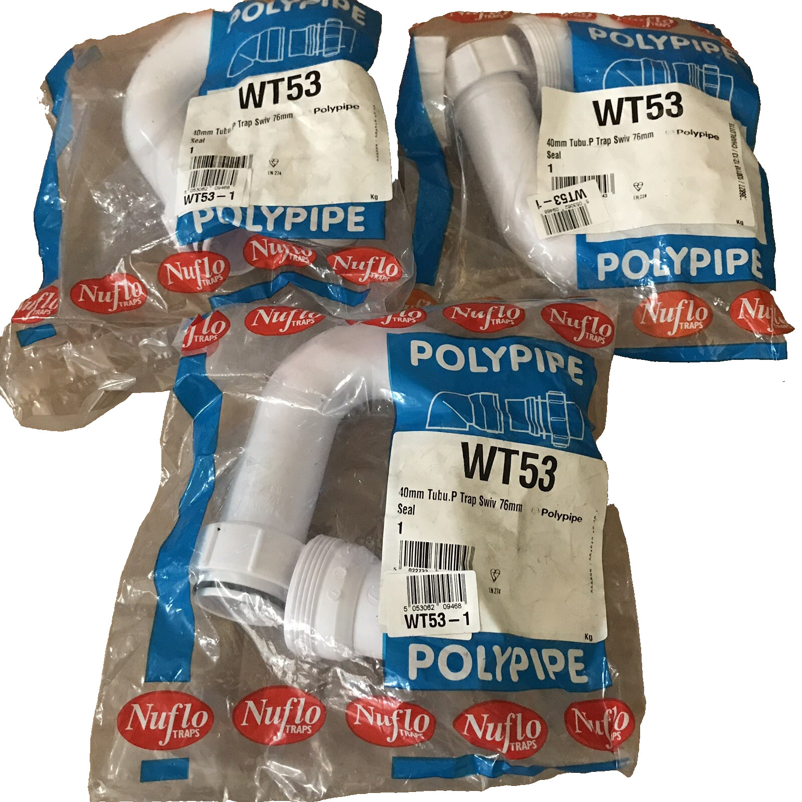 3 x Polypipe Swivel P Trap WT53 - 40mm Tubular Sink Waste - 76mm Seal