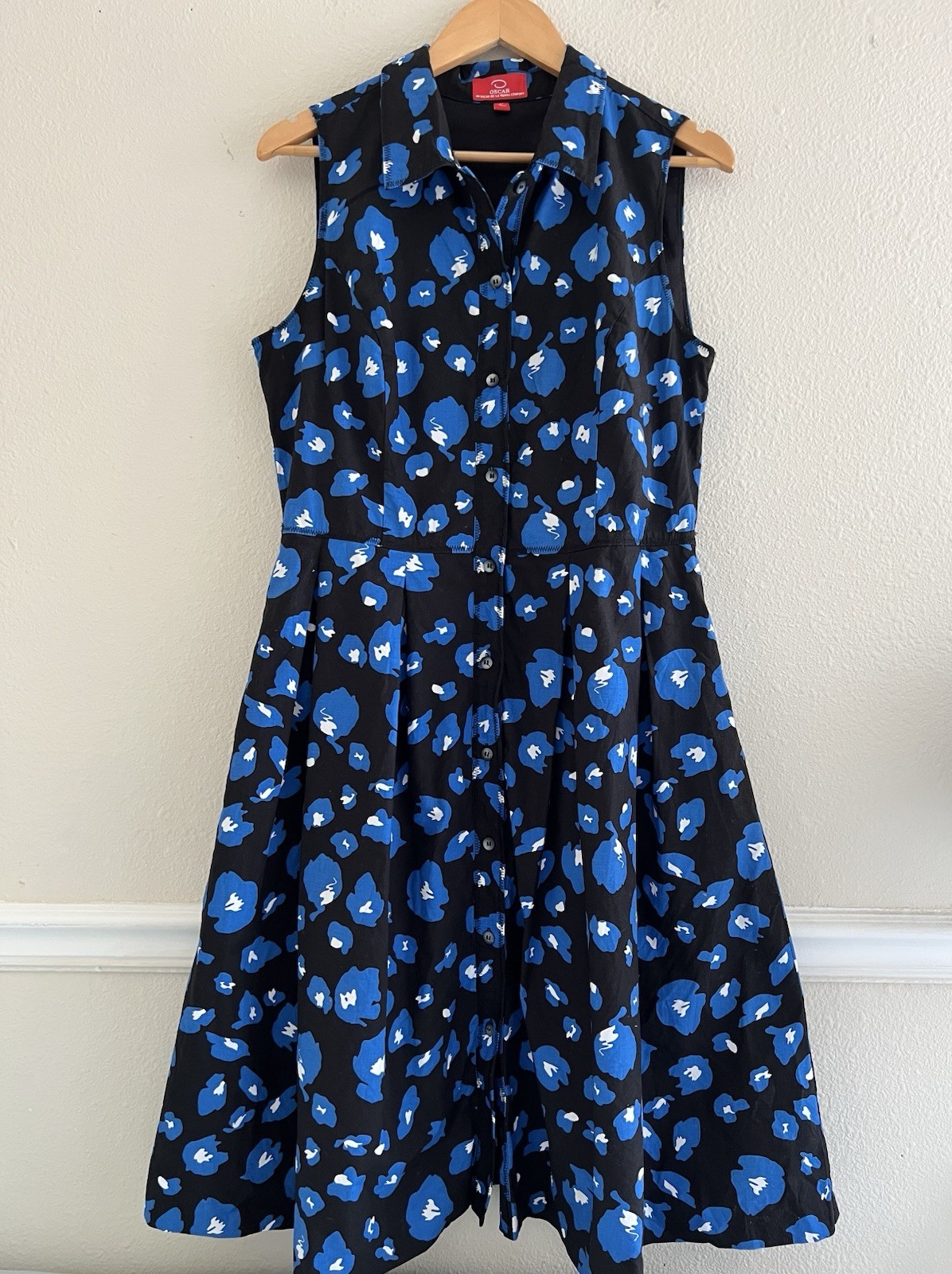 O By Oscar De La Renta Floral Black Blue Button Up Dress Size 12 Poplin Preppy