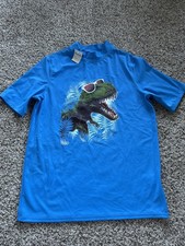 NEW Lands End size L 14-16 Boys Swim Shirt Rash Guard Blue Dinosaur Graphic F26