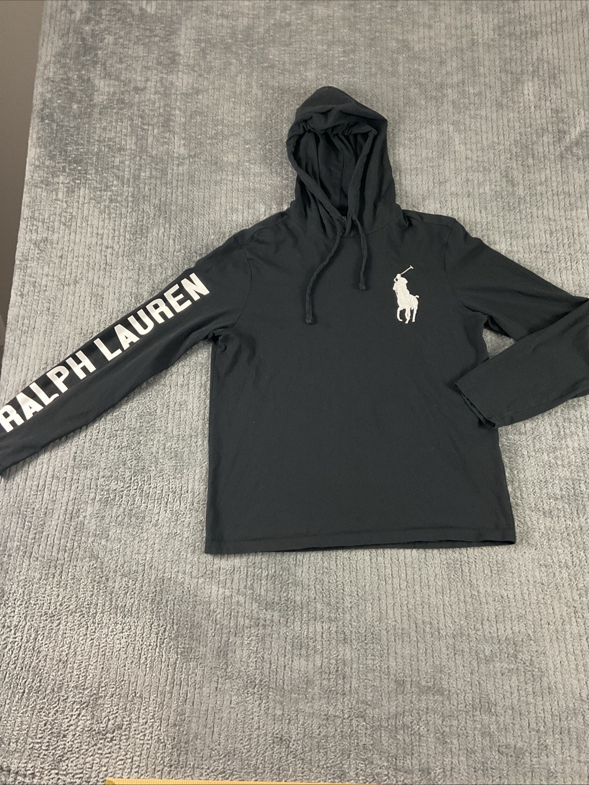 Polo Ralph Lauren felpa con cappuccio uomo grigio medio leggero grande pony spellout bandiera USA
